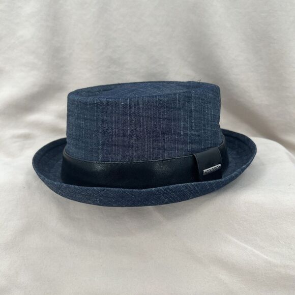 Stetson Pork Pie Fedora Hat Mens Medium Navy Blue Leather Band Classy Dress - Picture 1 of 9